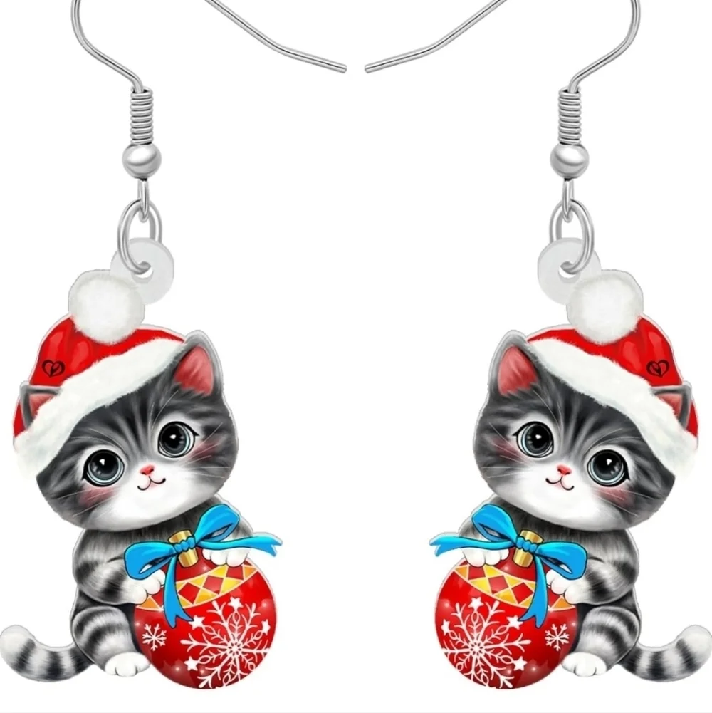 Festive Cat Earrings - Red and Gray